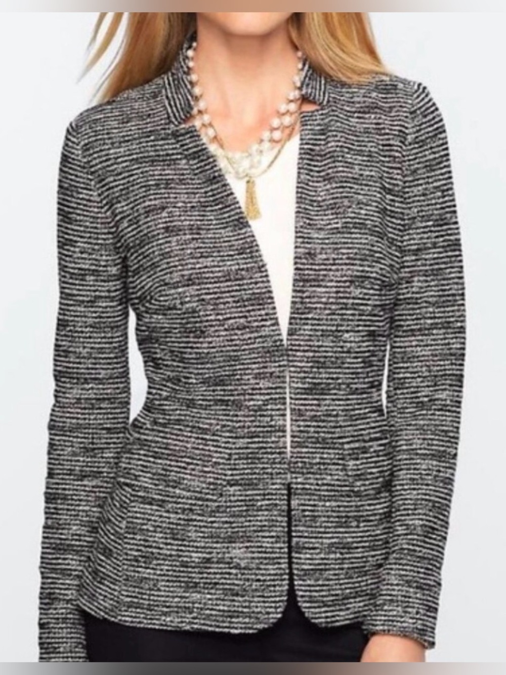 * Talbots Black & White Textured Tweed Knit Modern Blazer Jacket SZ 12 *